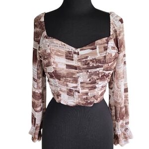 Rabbit Rose Medium Sepia Newsprint Cropped Top Brown Print Women's Blouse
